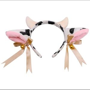 Plush Cow Ears Horn Headband with Small Bells Ribbon Bow